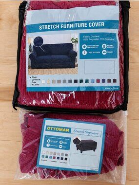 3-Piece Wine Stretch Armchair & Ottoman Slipcover Set-New in Package
